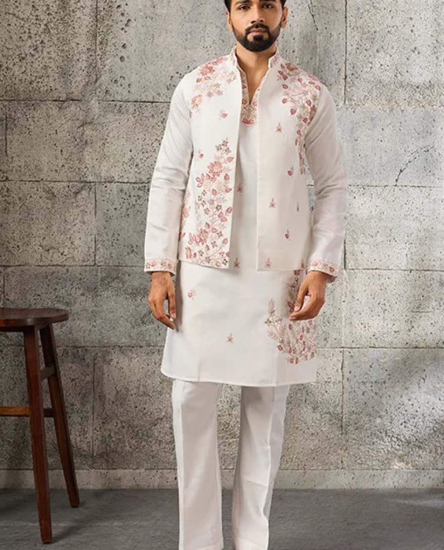 WHITE - Premium Designer White Mirror Work Koti Kurta Set for Men's Wear